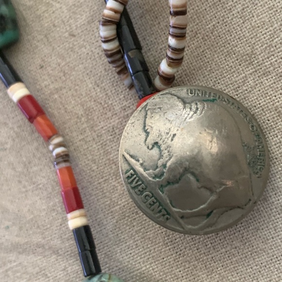 Zuni Buffalo Fetish Buffalo Nickel Button Native American Vintage Stone Necklace - Picture 5 of 9